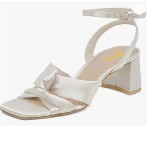 FYS Women Square Open Toe Knot Sandals Ankle Strap Chunky Block Low Heels White